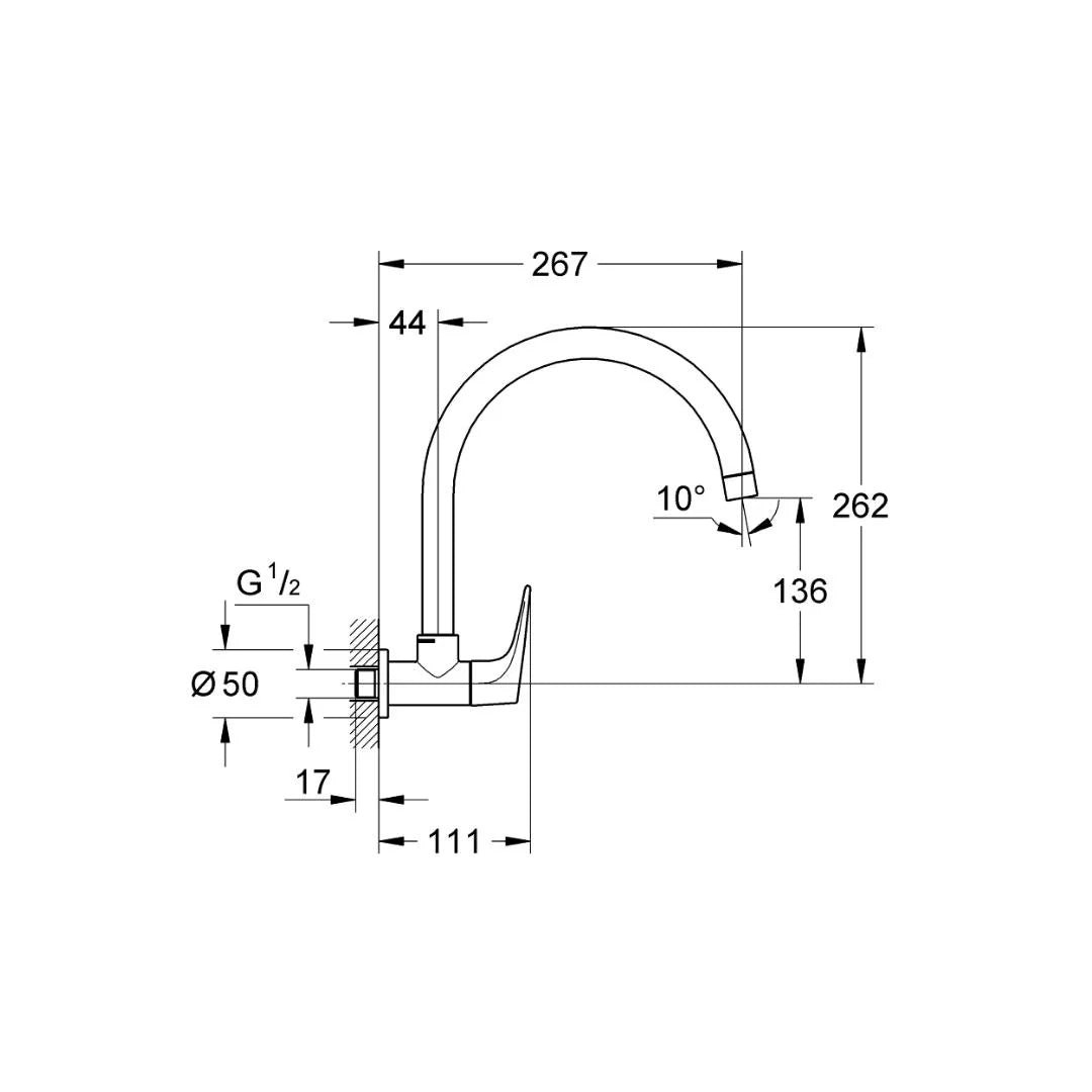 Grohe Wall Mounted Regular Kitchen Sink Tap Bauflow M31225000 with Swinging Spout in Chrome Finish - Image 2